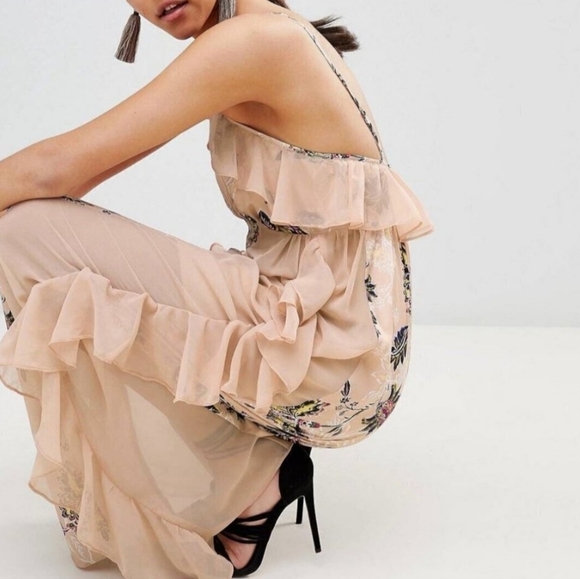 The Jet Set Diaries Azalea Floral Chiffon Ruffled Maxi Slip Dress Pink Large - Picture 2 of 8